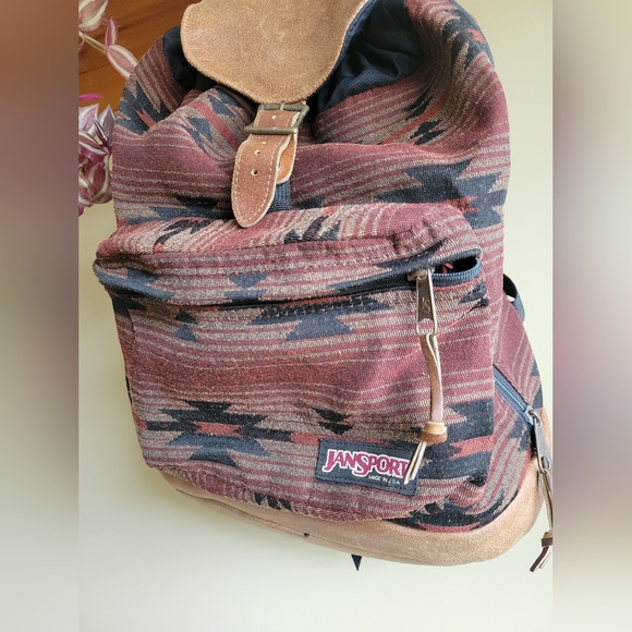 Vintage 90s Jansport Leather Aztec Backpack Burgundy Tan Black Made In USA - Picture 3 of 10